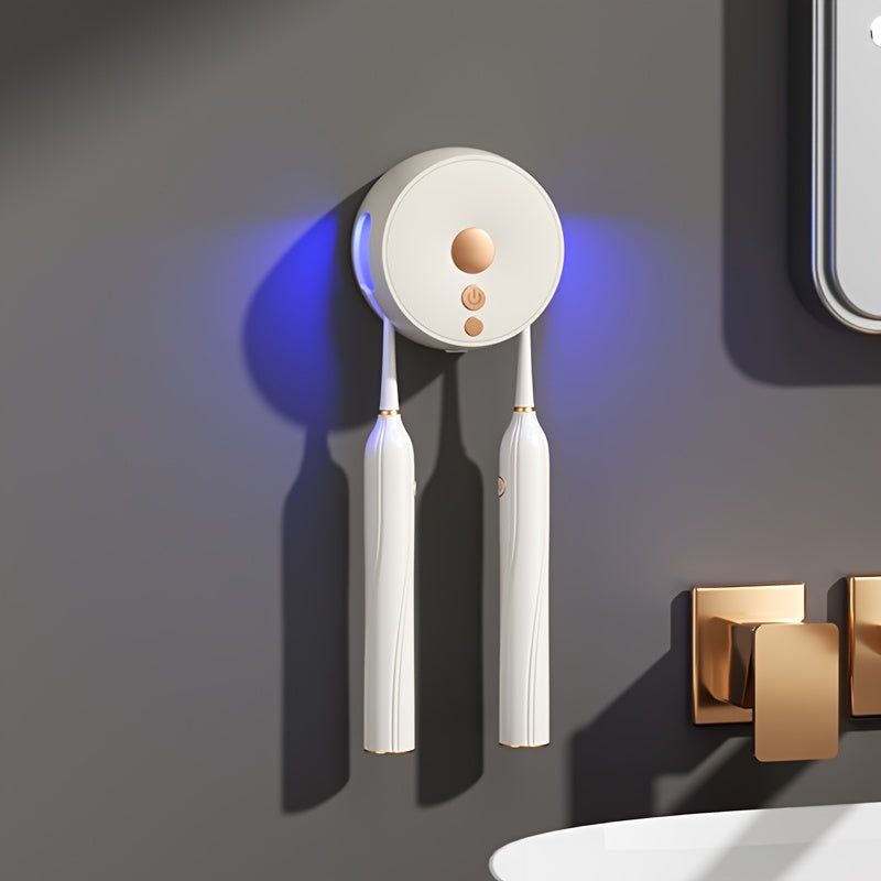 UV Sanitizing Toothbrush Holder, Wall-Mounted, 400mAh Battery, Dual-Slot, USB Charging, Compact & Portable for Travel and Home Use, ABS Material, USB Connectivity
