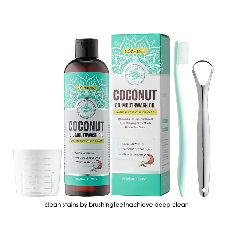 315Ml Concentrated Coconut Oil Mouthwash Set, Deep Cleaning Oral Care with Measuring Cup And Tongue Scraper, Fresh Breath, Daily Use for Oral Care.