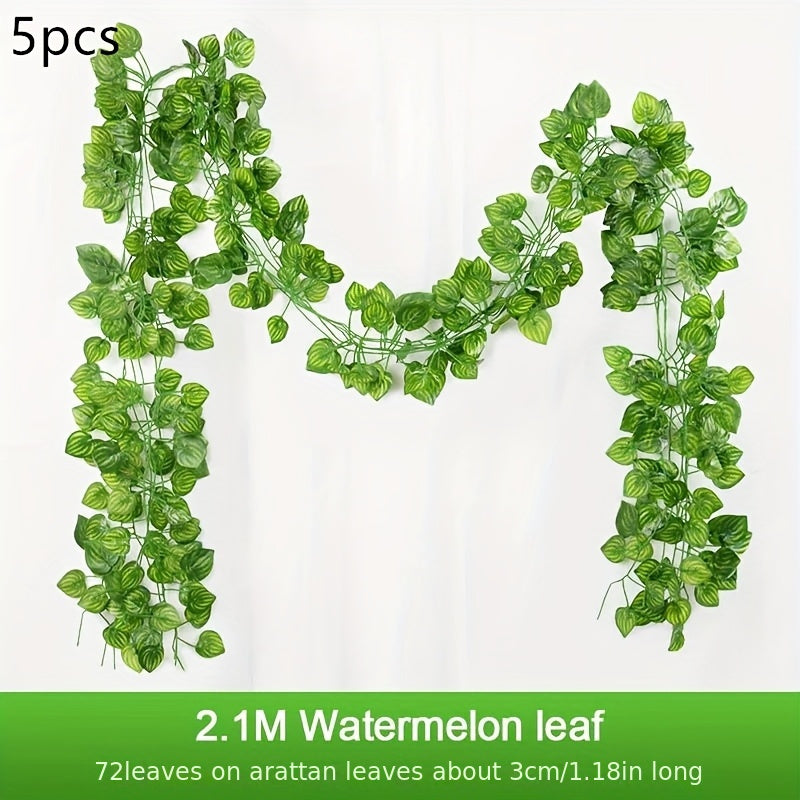 5pcs Evergreen Artificial Ivy Leaf Garlands - 3D Faux Green Vine Hanging Decor, Durable Plastic Plant Wreath for Indoor/Outdoor, Home Garden, Wedding, Bridal Shower, Housewarming - No Electricity Needed, Outdoor Greenery | Ve