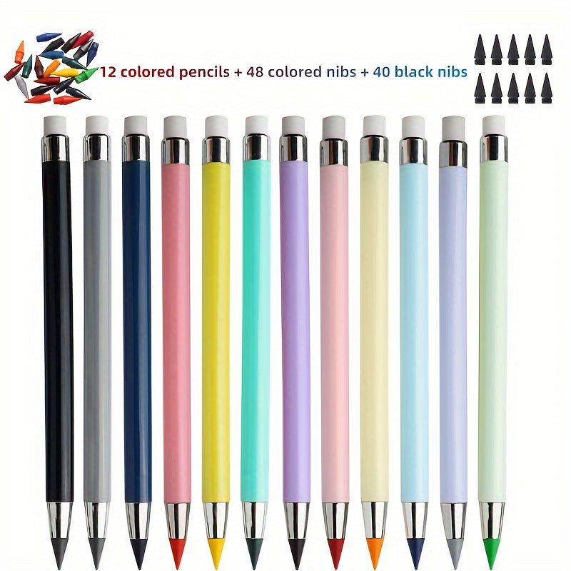 100pcs/set, 12 Colors Eternal Pencil With Eraser - Long Lasting Writing Infinity Pencil, Never Sharpens Eternal Inkless Pencil For Sketching, Painting, School Supplies Eternal Pencil BACK To SCHOOL,