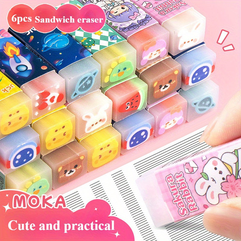 6pcs Cartoon Jelly Erasers | Cute Fruit And Animal Designs, Can Be Cut And Leave No Marks
