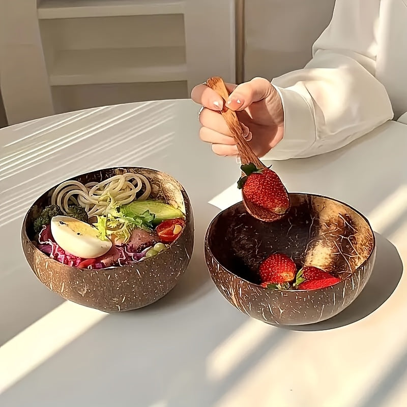 4 Natural Coconut Shell Bowls with 4 Coconut Wood Spoons – High-Quality, Washable Wooden Bowls for Yogurt, Salad, Ice Cream, and More – Deep Brown, Perfect for Cooking & Dining, Kitchen Tableware|Coconut Shell Aesthetic|N