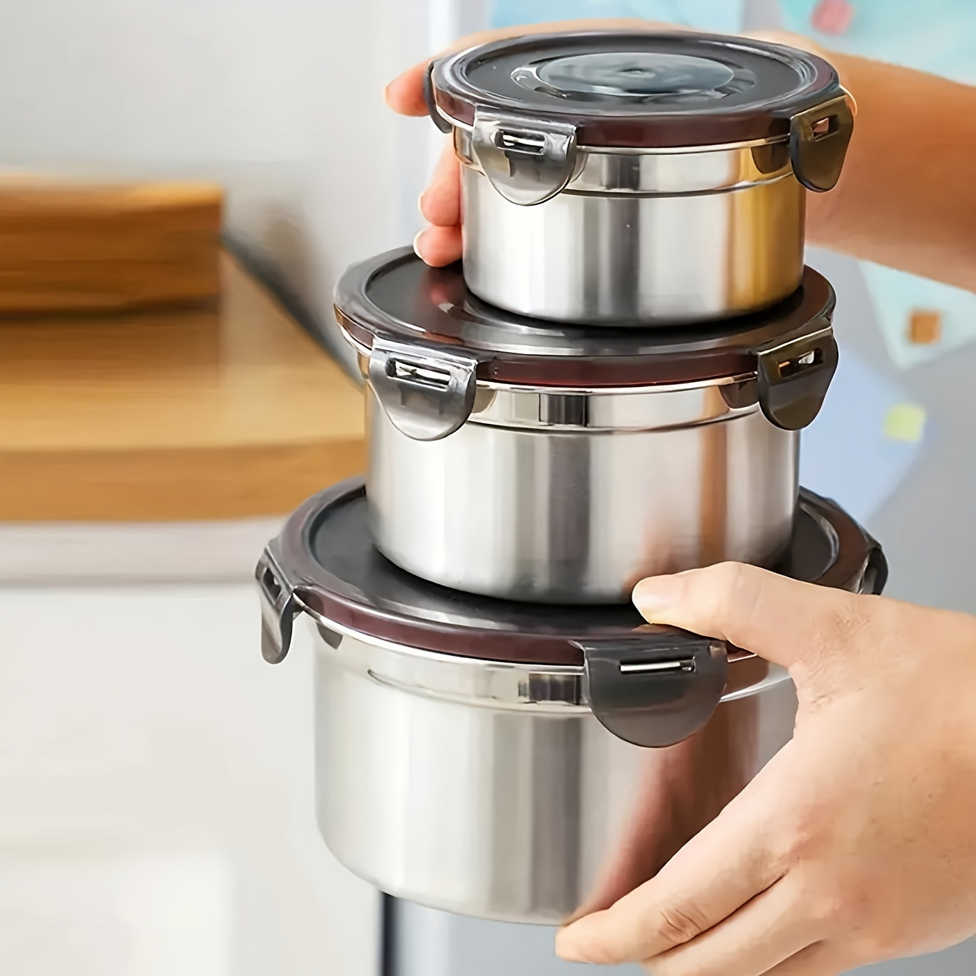 3pcs Fresh Food Storage Box Set, Leak-Proof, Reusable Stainless Steel Containers with Lids That Can Be Used As Airtight Bowls, Fresh Food Storage Boxes, And Lunch Boxes.