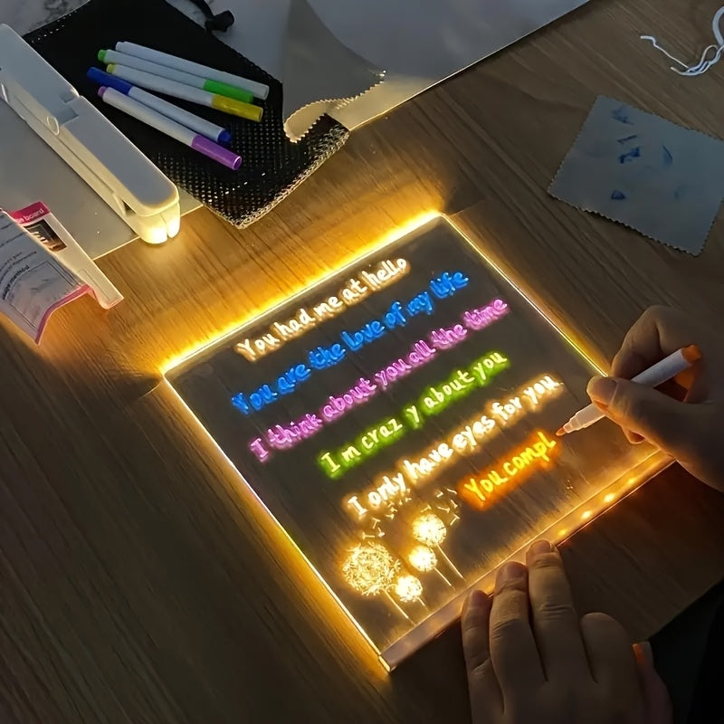 AMILL Acrylic LED Message Board - Erasable Light-Up Drawing Board with 7-Color Pens & Cleaning Cloth, USB-Powered Modern Desk Night Light for Birthdays, Special Occasions, Creative Gift Idea, Special Occasion Gift | Colorful