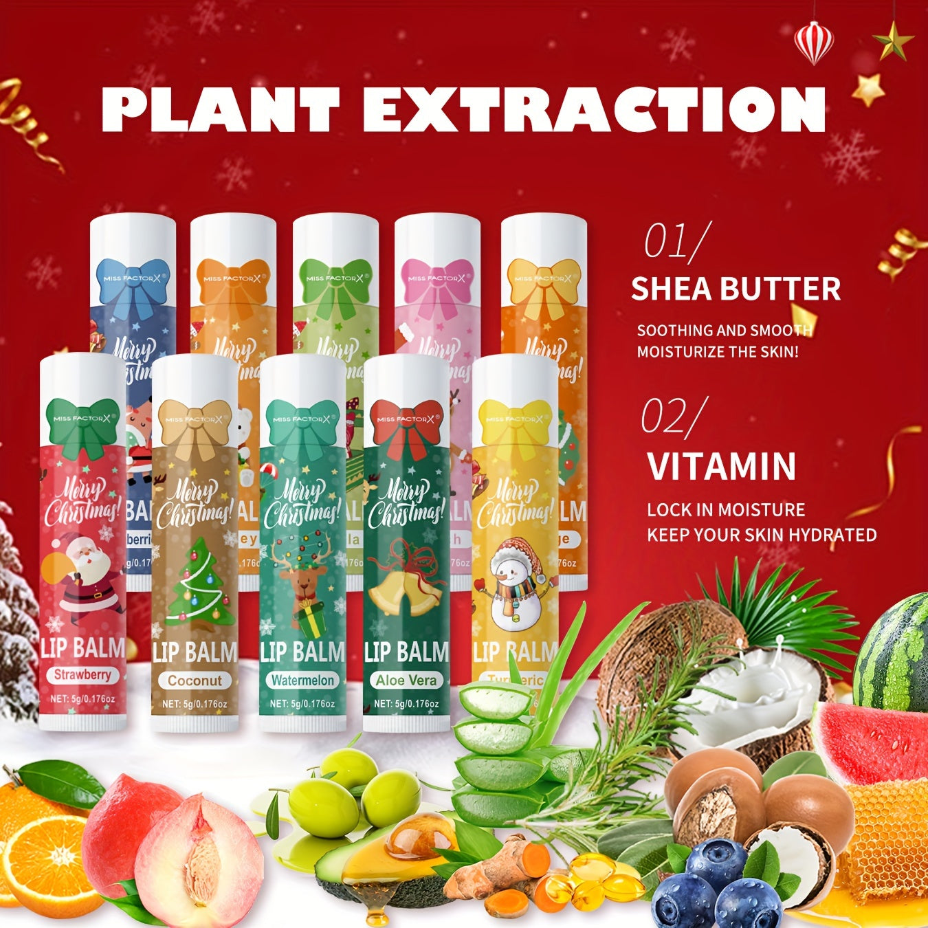 Gift Set 10pcs/Box Deep Hydration Long-Lasting Moisturizing Lip Balm Set Smooth Lips Christmas Theme Gift.