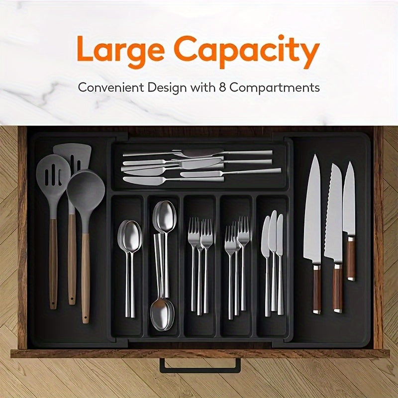 1pc Expandable Kitchen Drawer Organizer for Silverware, Adjustable Plastic Utensil Holder for Spoons, Forks, Knives - Large Capacity Storage Box, Kitchen Drawer Organizer|Sleek Black Finish|Durable Plastic Construction, Utens