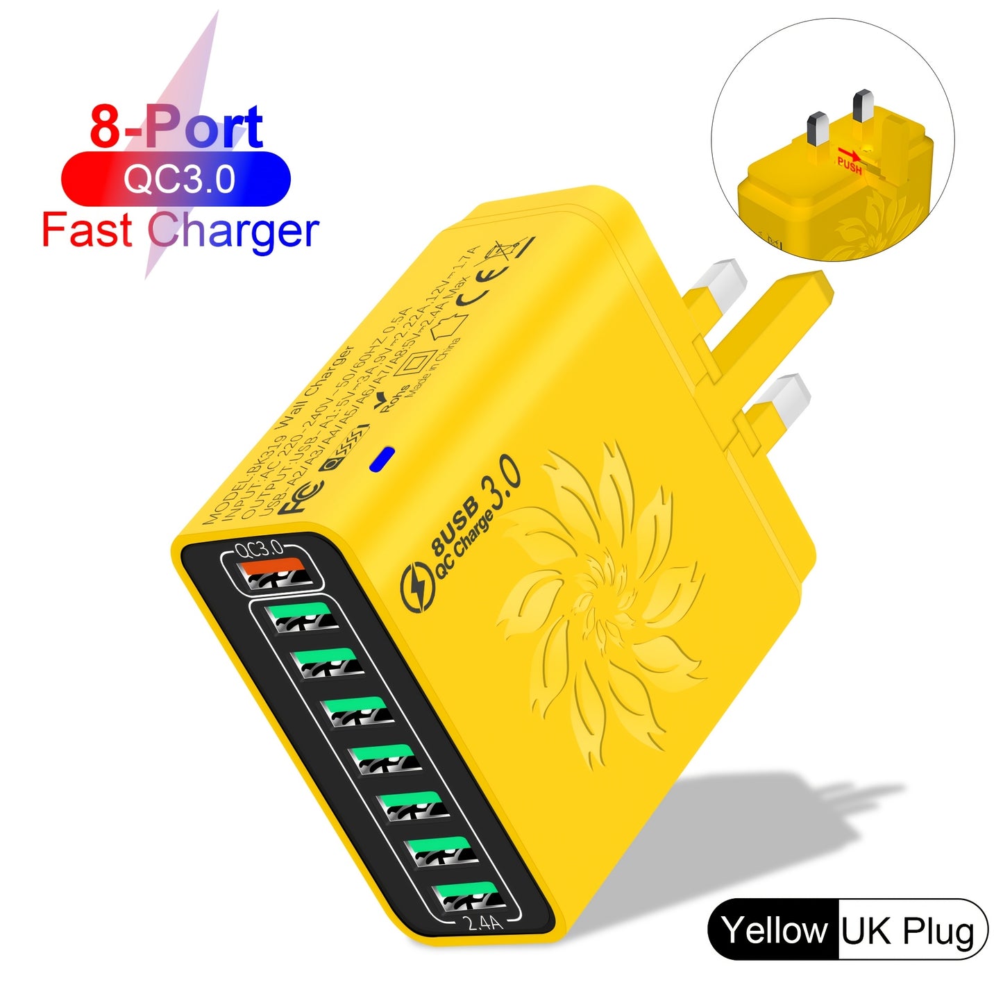 8-Port QC3.0 Fast USB Charger UK Plug