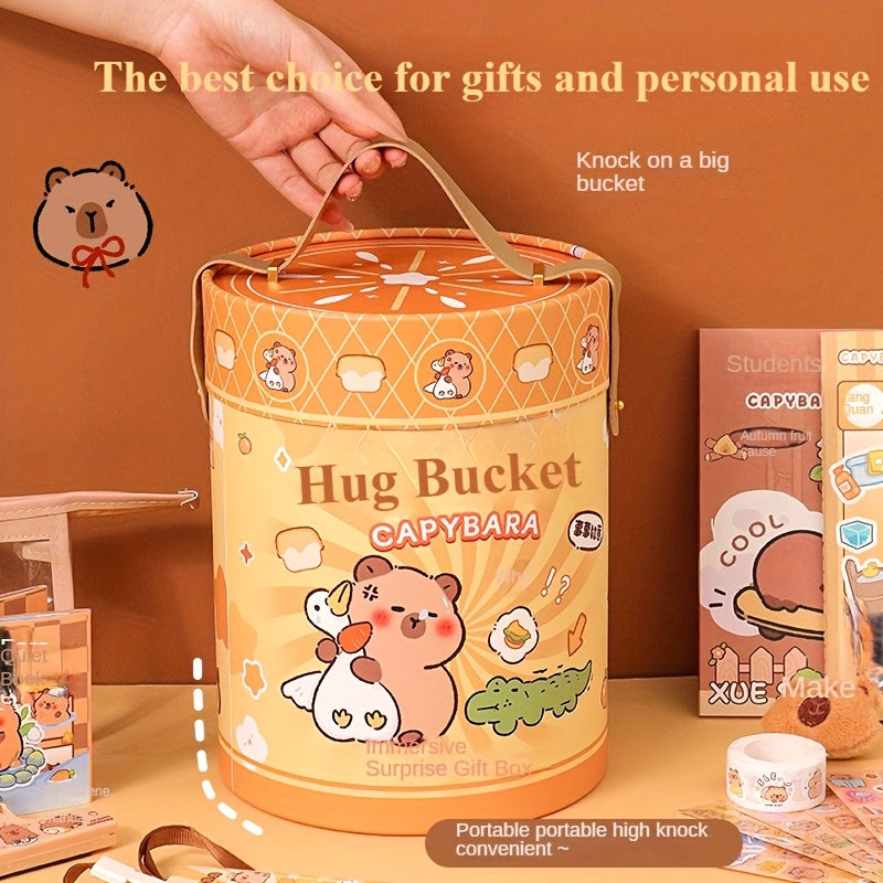 308/240/178pcs Capybara themed stationery bucket set, including all the needs of student supplies, ballpoint pens, notebooks, markers, rulers, pencil cases, etc. - a great learning reward for students!