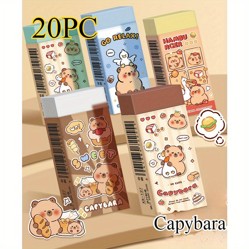 20pcs Style Random Capybara Erasers Cute Long Strip Pencil Erasers Clean No Residue Eraser Small Volume Portable Art Sketch Erasers for Students