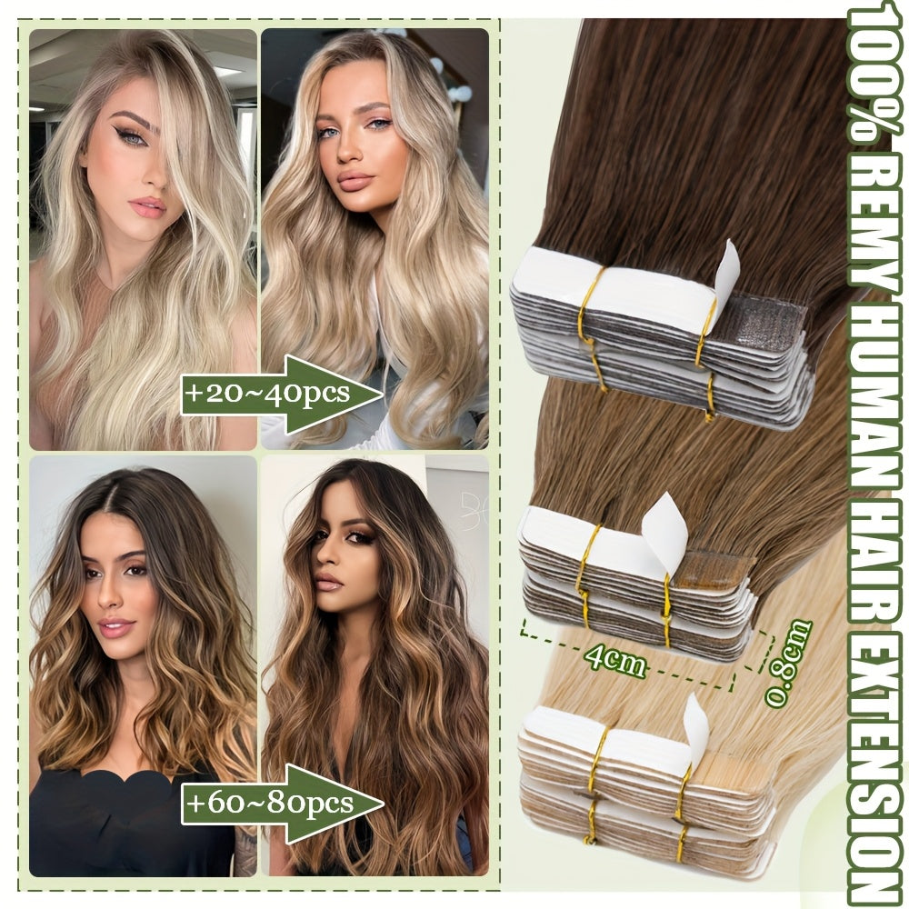 20pcs (50g Each) Brazilian Virgin Hair Extensions - 100% Remy Human Hair, Natural Brown/Blonde/Red/Black/, Straight Hair Extensions with Seamless Beige Weft, Long 35.56-60.96 cm Lengths for Women.