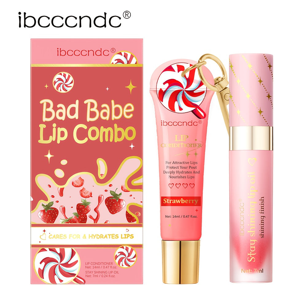 Bad Girl Lip Combo, Includes 2 Lip Oils, Strawberry Flavour, Tinted Lip Oil, Moisturizing And Nourishing, Winter Lip Care,