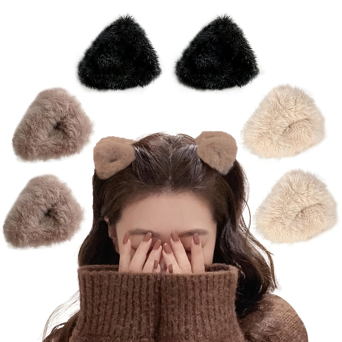 6pcs GUIJUI Honey Girl Plush Cat Ear Hair Clips, Cute Fuzzy Side Clip Bangs Grip Accessories, Solid Color, Resin, for Women, Suitable for Daily & Casual Wear, Over 15 Years Old