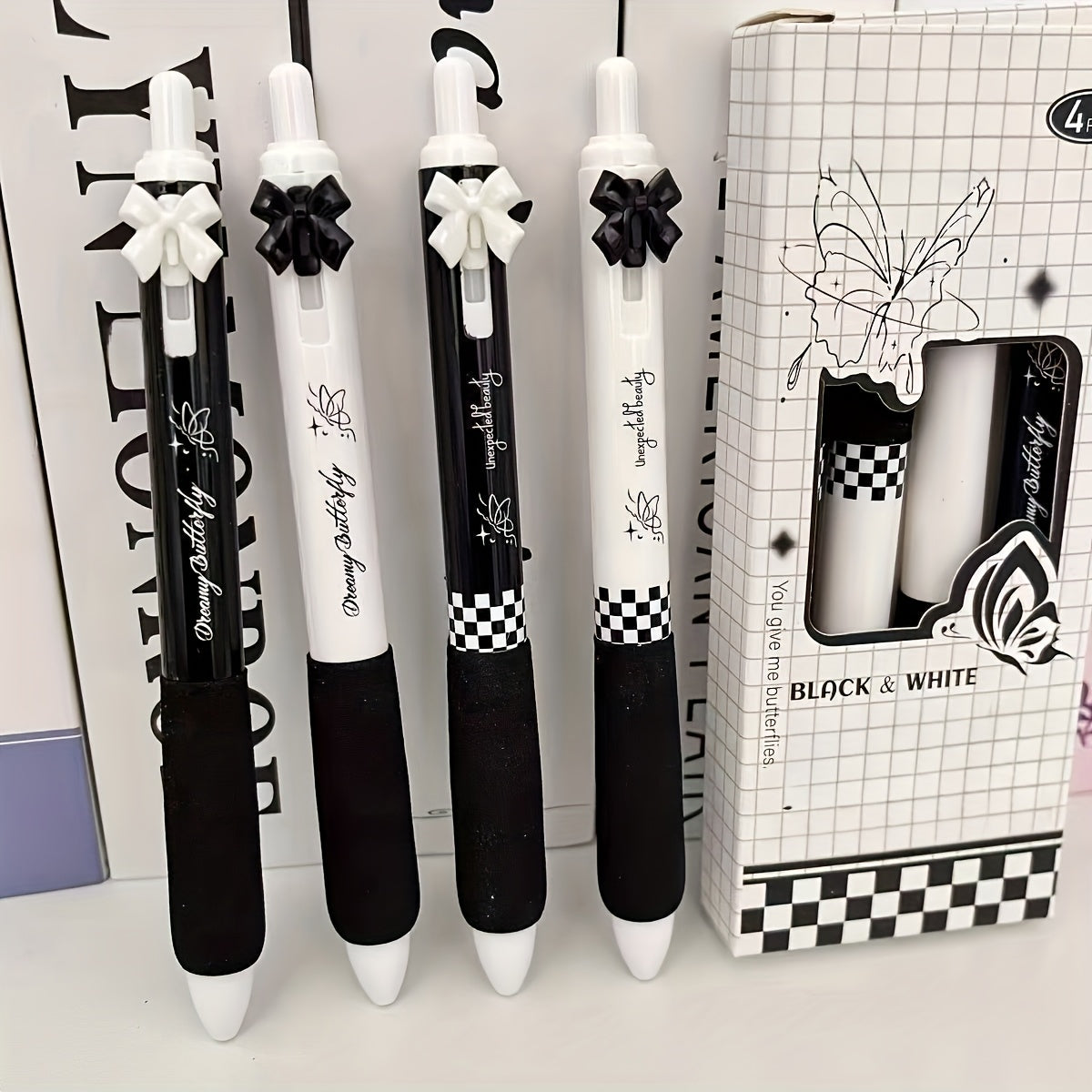 4-Pack Elegant Black & Pink Butterfly