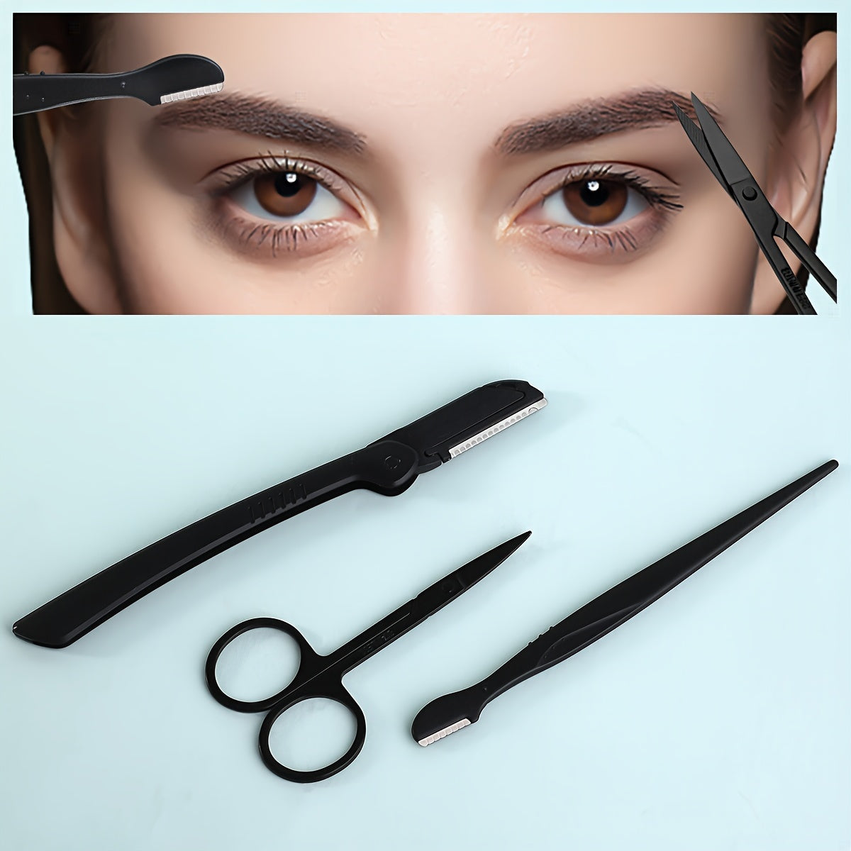 8/9/12pcs Stainless Steel Eyebrow Grooming Kit, Portable Black Set for Women and Men, Includes Eyebrow Brush, Razors, Comb, Scissors, Folding Razor, Trimmer, Tweezers with Comb, Lash Separator, No Electricity Needed