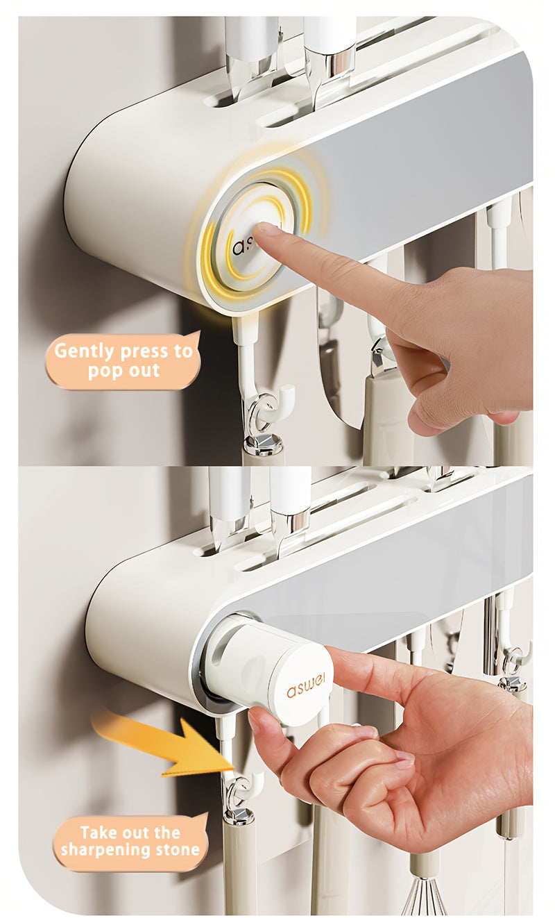 Multifunctional Wall Hanging Knife Holder, Can Hold Multiple Knives, with Integrated Sharpening Stone, Equipped with 4 Hooks, Suitable for Spatulas, Funnel, Kitchen Tools