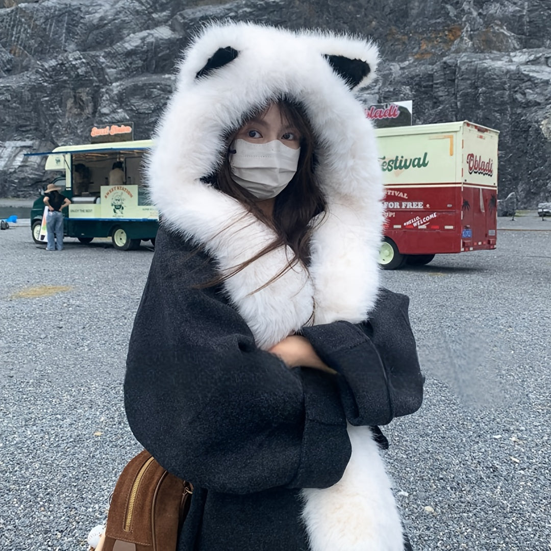 A Soft Polyester Faux Fur Cat Ear Hat with an Integrated Scarf