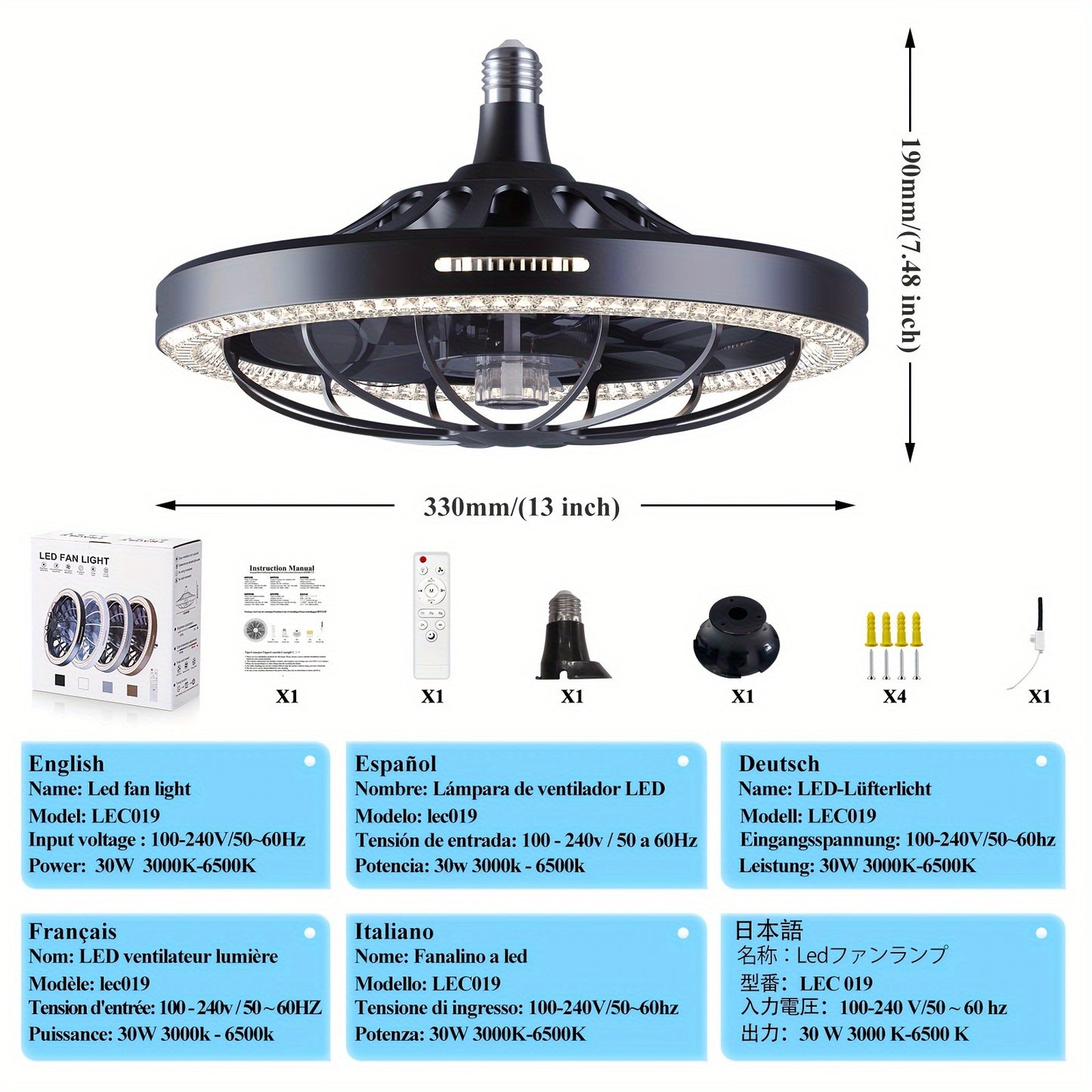 1pc 13" Modern Ceiling Fan With Lights And Remote Control, E26/E27 Base Easy Install Socket Fan Light, 3 Speed Wind Adjustment, 3 Colors 3000-6500k Dimmable Led Light for Bedroom, Kitchen, Living Room, Storage Room, Garage, B