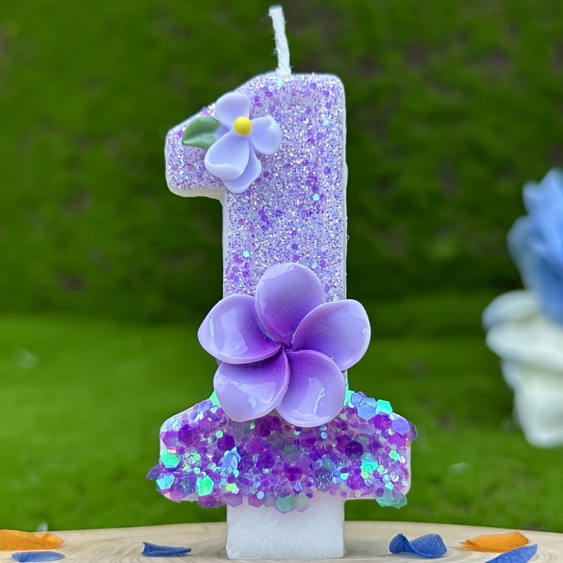 1pc Number Birthday Candle, Purple Glitter with Plumeria & Gardenia Accents, Paraffin Wax No-Feather Cake Topper for Party Decoration