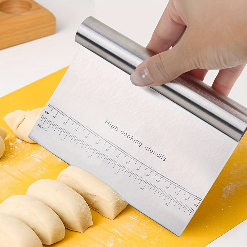 1pc Stainless Steel Multi-Functional Baking Tool - Dough Cutter, Cake Scraper, Pizza Cutter, Spatula, Pancake Flipper with Measurements - Durable, Easy to Clean, and Versatile for Various Baking Tasks