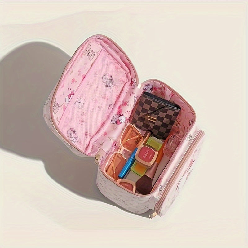 Cute Pink Synthetic Leather Makeup Bag - Large Capacity, Adorable Bear & Heart Design, 1pc | Perfect for Women's Cosmetics Storage