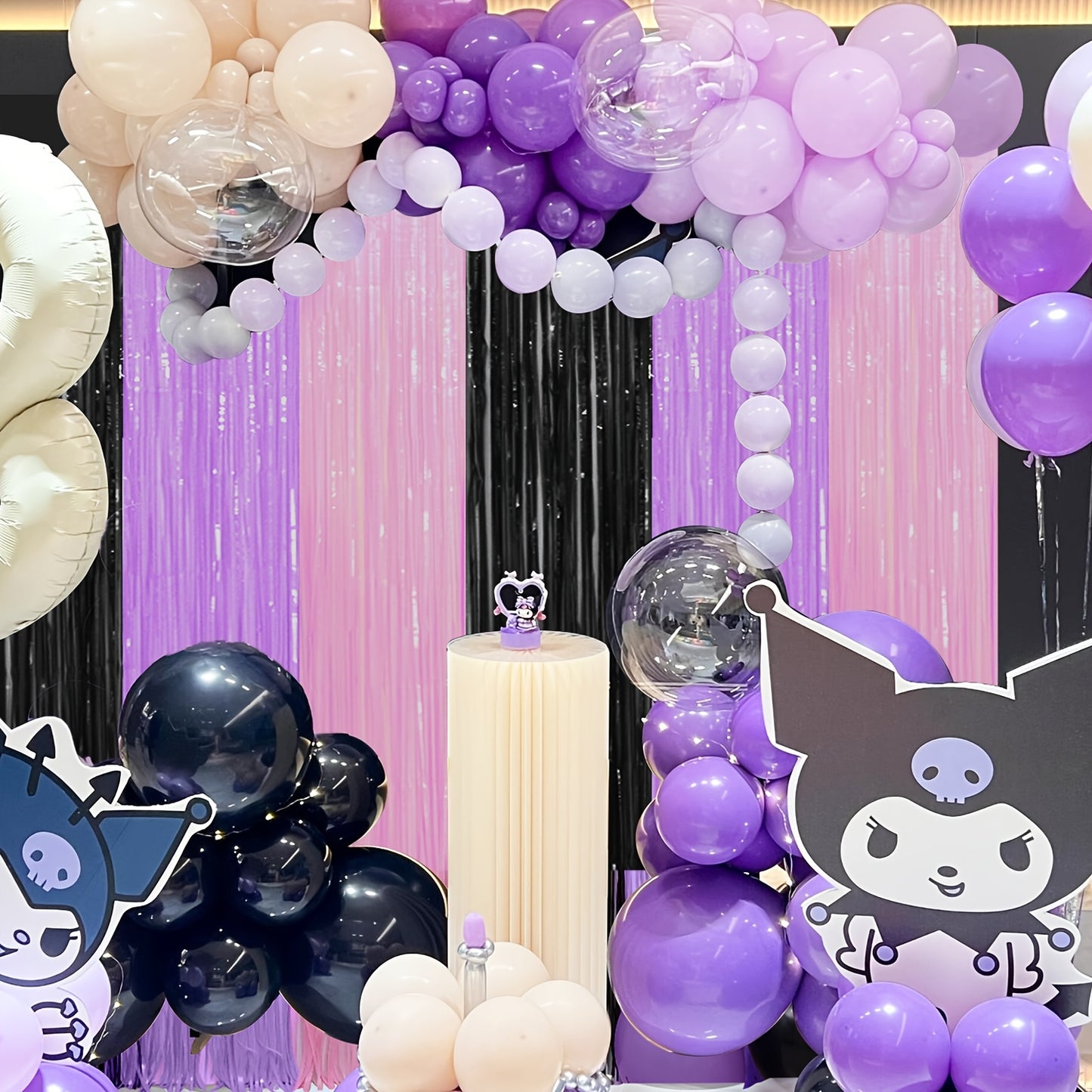 Kuromi Birthday Party Decorations, 1/2/4pcs Kuromi Party Photo Booth Props, Hot Pink Teal Pink Fringed Background with Tinsel Photo Streamers for Kuromi Birthday Party Supplies