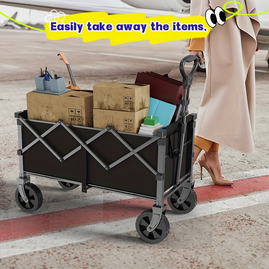 Heavy-Duty Foldable Utility Cart For RV Camping All-Terrain Large-Wheel Beach Wagon With Cup Holder, Multi-Purpose Hauler For Groceries, Sports Gear, Shopping Outdoor Activities