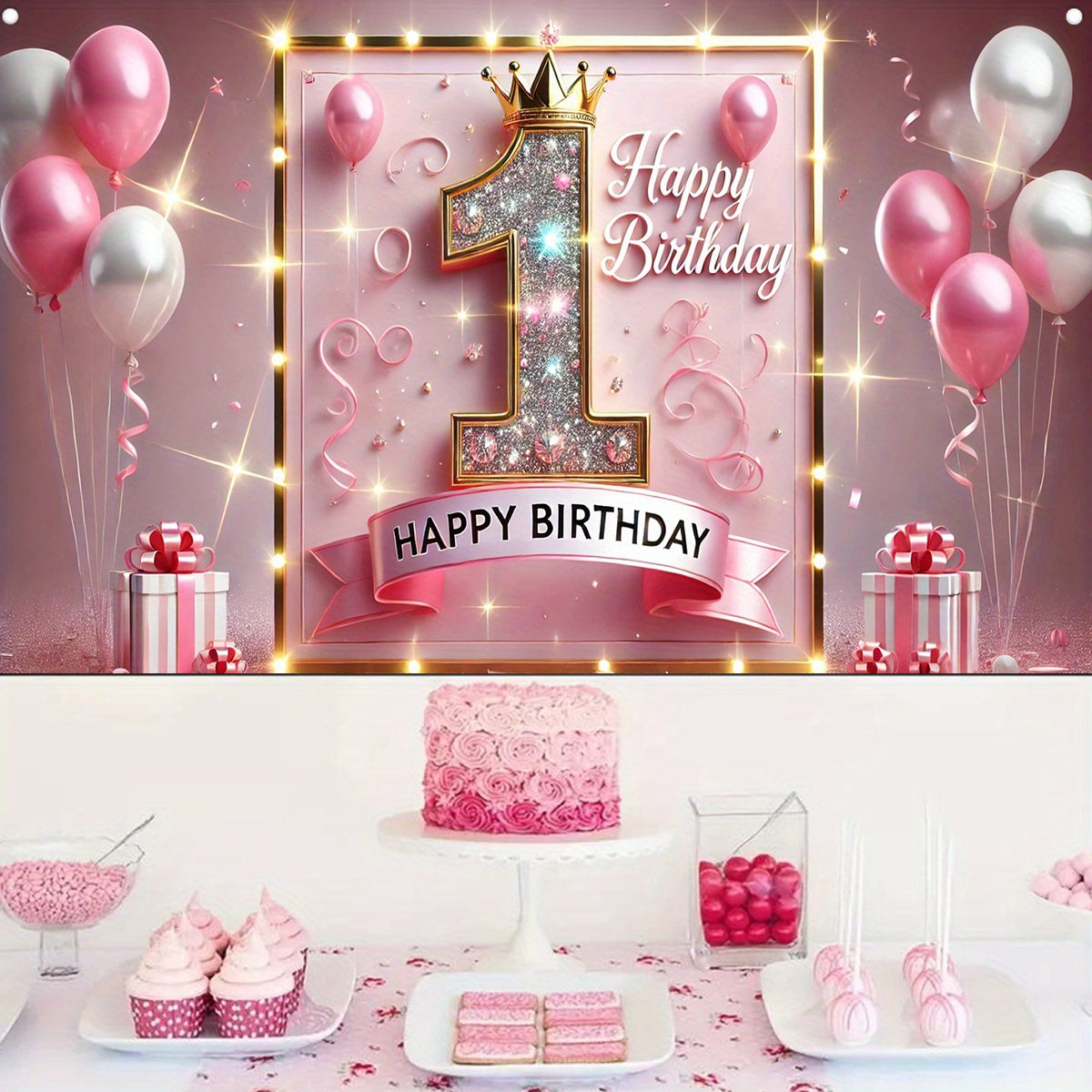 1pc Sparkling Pink Golden First Birthday Banner - Durable Polyester Happy Birthday Party Decor with Glittering Number 1, Crown & Balloons for Indoor/Outdoor Celebrations, Baptism, Cake Table, Holiday Decorations, Birthday Par