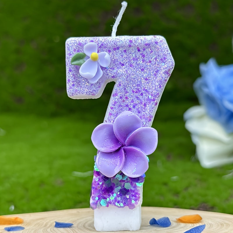 1pc Number Birthday Candle, Purple Glitter with Plumeria & Gardenia Accents, Paraffin Wax No-Feather Cake Topper for Party Decoration