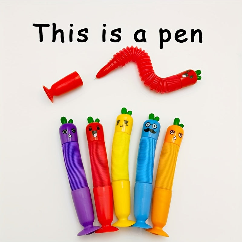 5pcs Cute Cartoon Carrot & Vegetable Retractable Pens Set, Fine Point, PP Material, with Suction Cup Base, Creative Stationery for Students