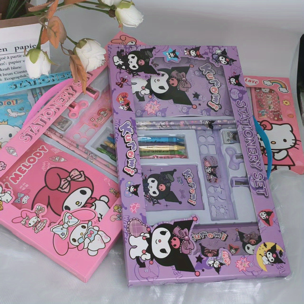 Back to School Season Sanrio Series for kuromi, Melody, for Cinnamoroll, for Hello Kitty Set (1 Pencil Case, 1 Drawing Book, 2 Sharpeners, 2 Pencils, 1 Notebook, 5 Crayons, 1 Eraser, 1 Ruler 15CM) - Creative Drawing And Offic