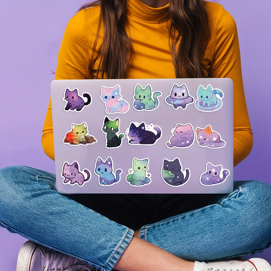 50pcs Vinyl Waterproof Colorful Starry Sky Cat Stickers for Scrapbook, Journaling, Laptop, Bumper, Skateboard, Water Bottles, Computer, Phone