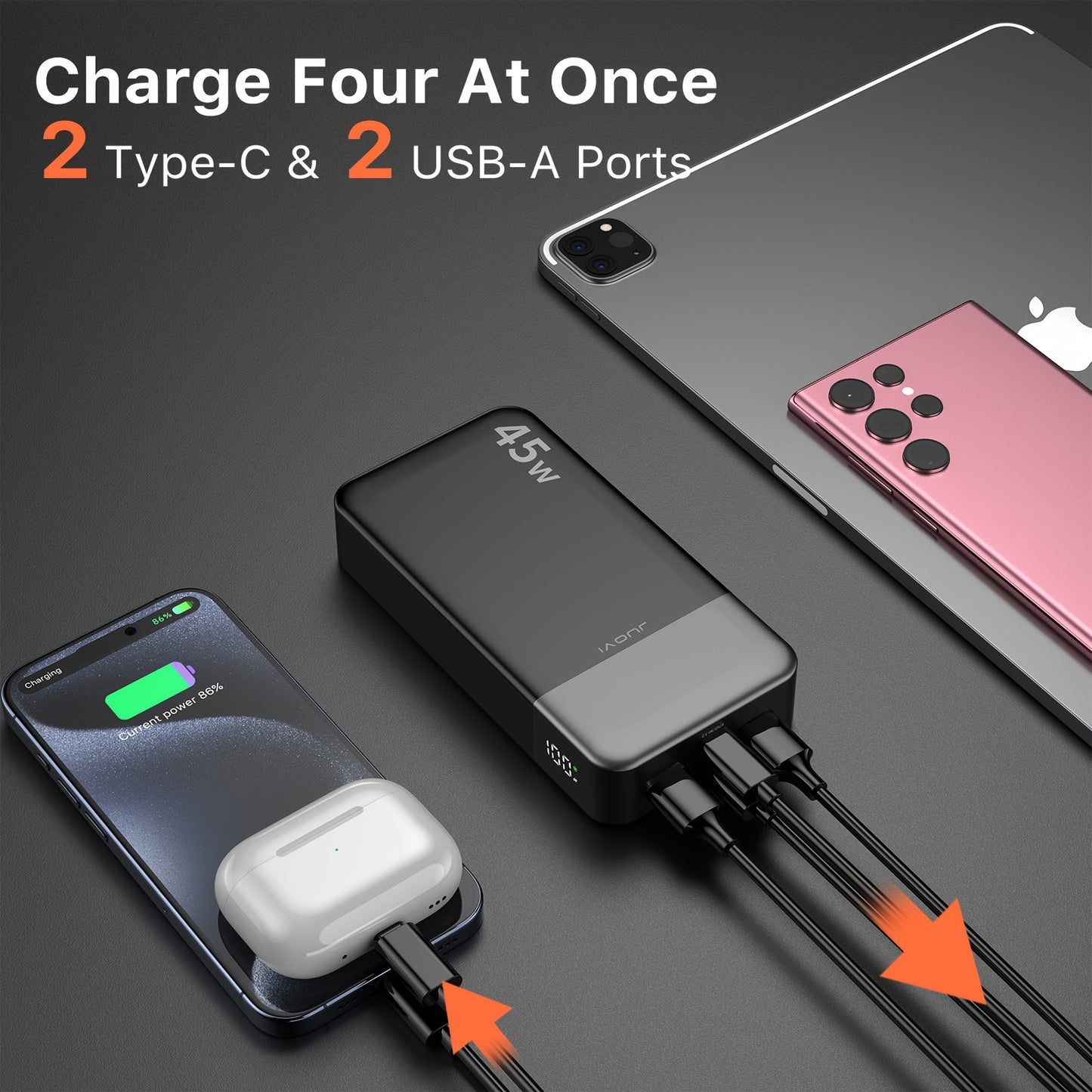45W 20000mAh Portable Power Bank With LED Display And 4 Interfaces, Capable Of Charging Laptops With Large Capacity