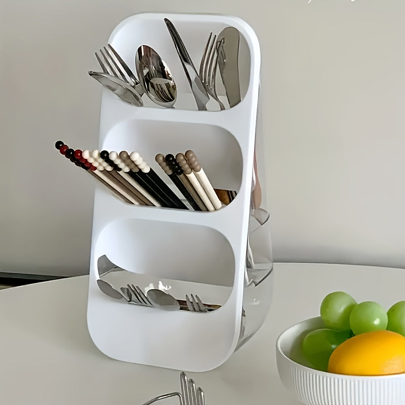 3-Grid Plastic Tableware Organizer - Multi-Functional Kitchen Rack for Utensils, Chopsticks, Forks, Knives - Wall-Mountable and Desktop Cutlery Holder with Washable Design, Available in White, Grey, Green