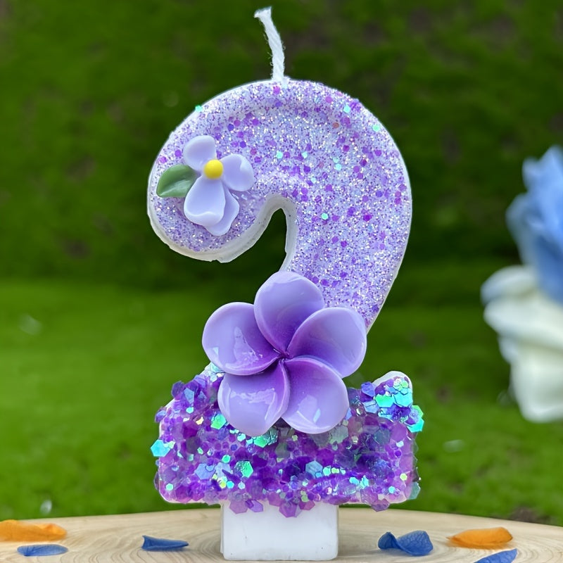 1pc Number Birthday Candle, Purple Glitter with Plumeria & Gardenia Accents, Paraffin Wax No-Feather Cake Topper for Party Decoration