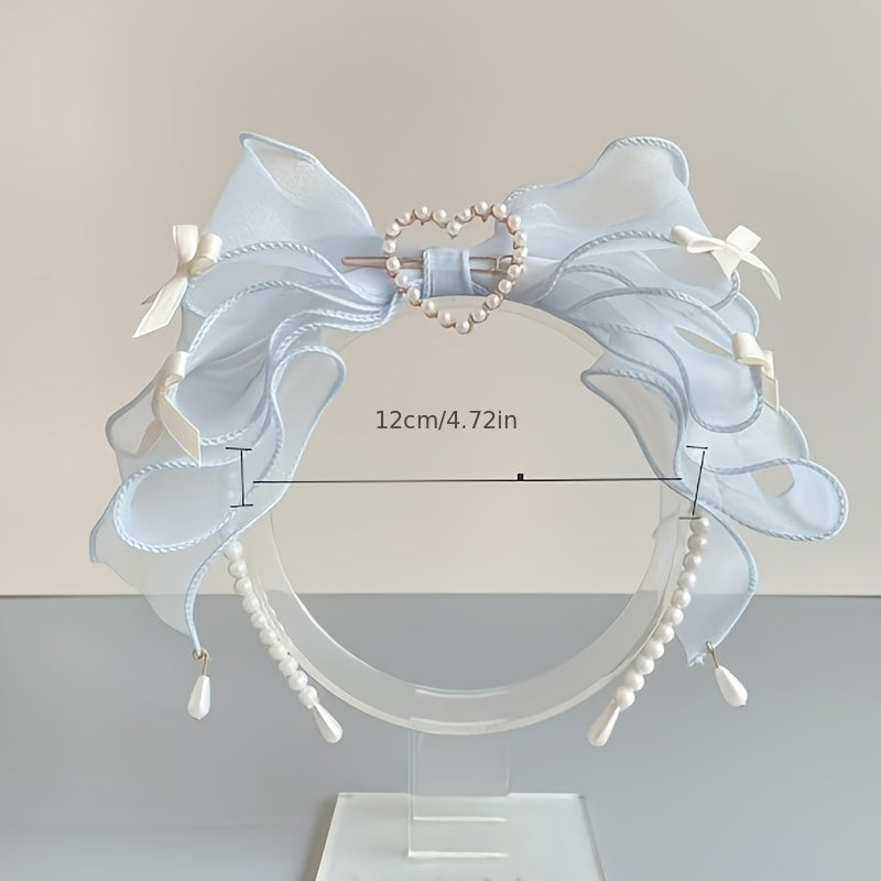 Elegant Light Blue Mesh Bow Headband - Chic, Faux Pearls & Heart Accent, 1pc, Perfect for Women, Parties or Special Occasions