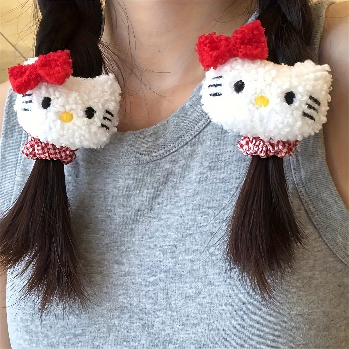 Sanrio Hello Kitty Flannellette Hair Rope, Cute Cartoon Animal Double Ponytail Holder, Retro Plaid Hair Loop for Girls, Color Matching Design, Single Piece