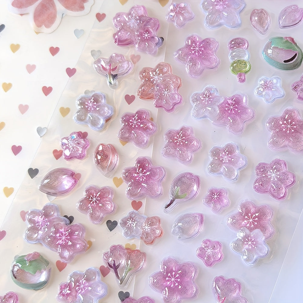 3D Pink Cherry Blossom Embossed Stickers - Waterproof Crystal Floral Decals for Phone Cases, Laptops, Journals, and DIY Crafts, Journal Embellishments | Artistic Stickers | Plastic Construction, Cherry Blossom Wall Stickers