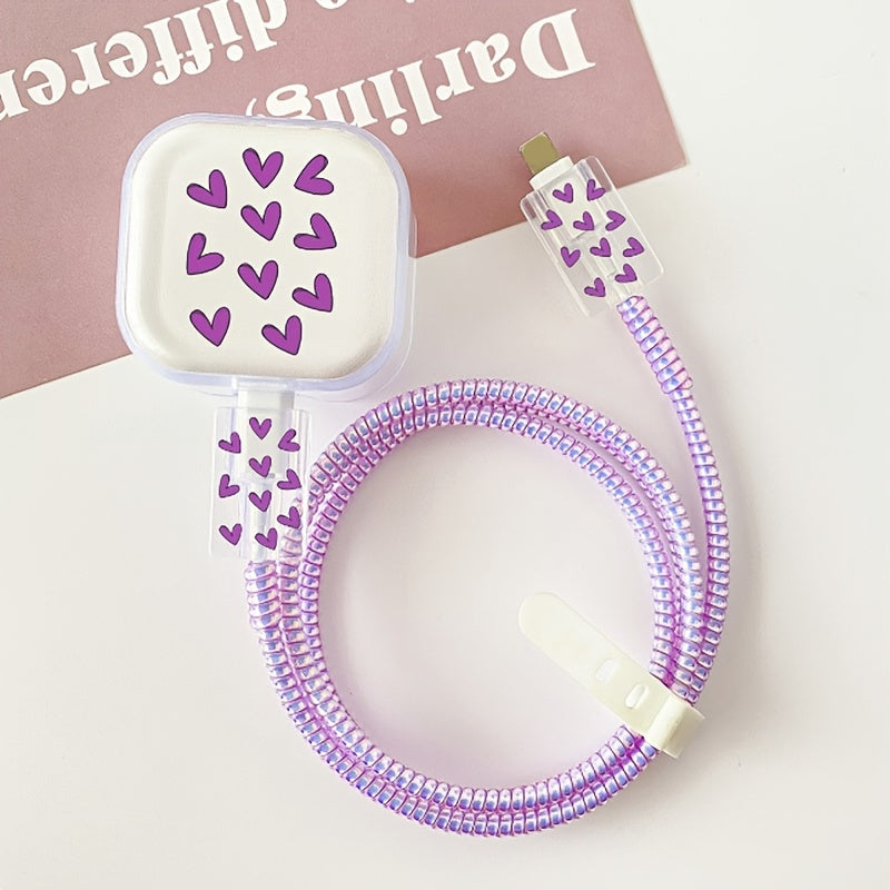 5pcs Set TPU Charger and Cable Protector, Heart Pattern, Compatible with UK Apple 20W Adapter, Anti-Bite Data Cord Protector for iPhone 15 Plus