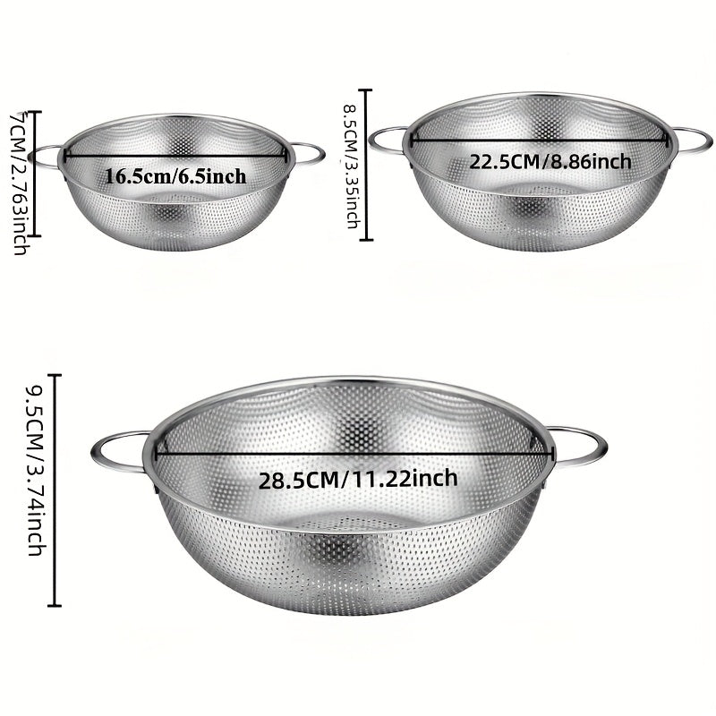 3pcs Stainless Steel Strainer Set with Handles, Large Mesh Colanders for Kitchen, Fine Strainers for Spaghetti, Vegetables, and Food Drainage, Durable Uncharged Mesh Strainers