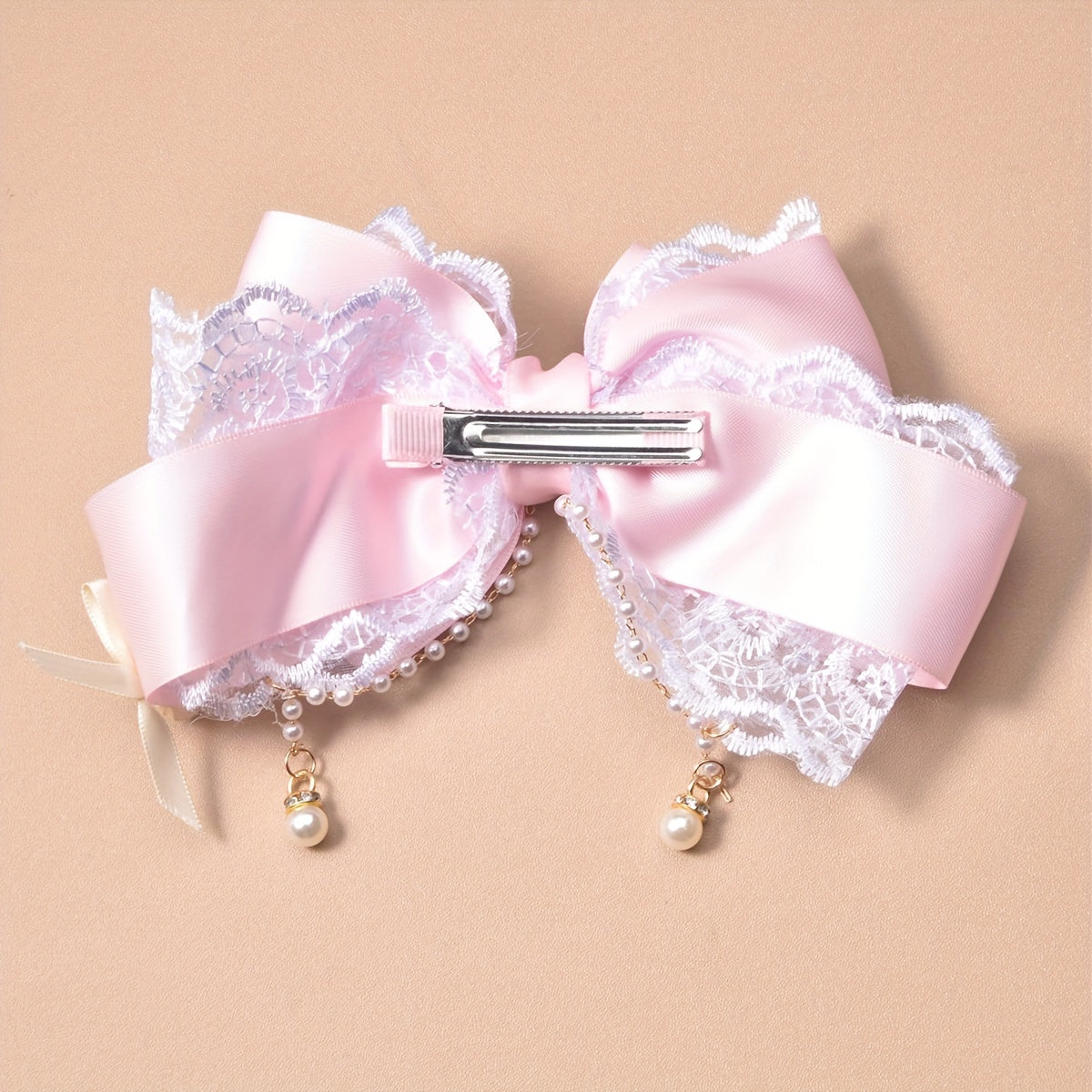 Trendy Polyester Lace Ribbon, Large Bow Hairpin with Pearl Chain - Stylish, Unique, Sweet, Cute, Pink Headband for Everyday Outfits