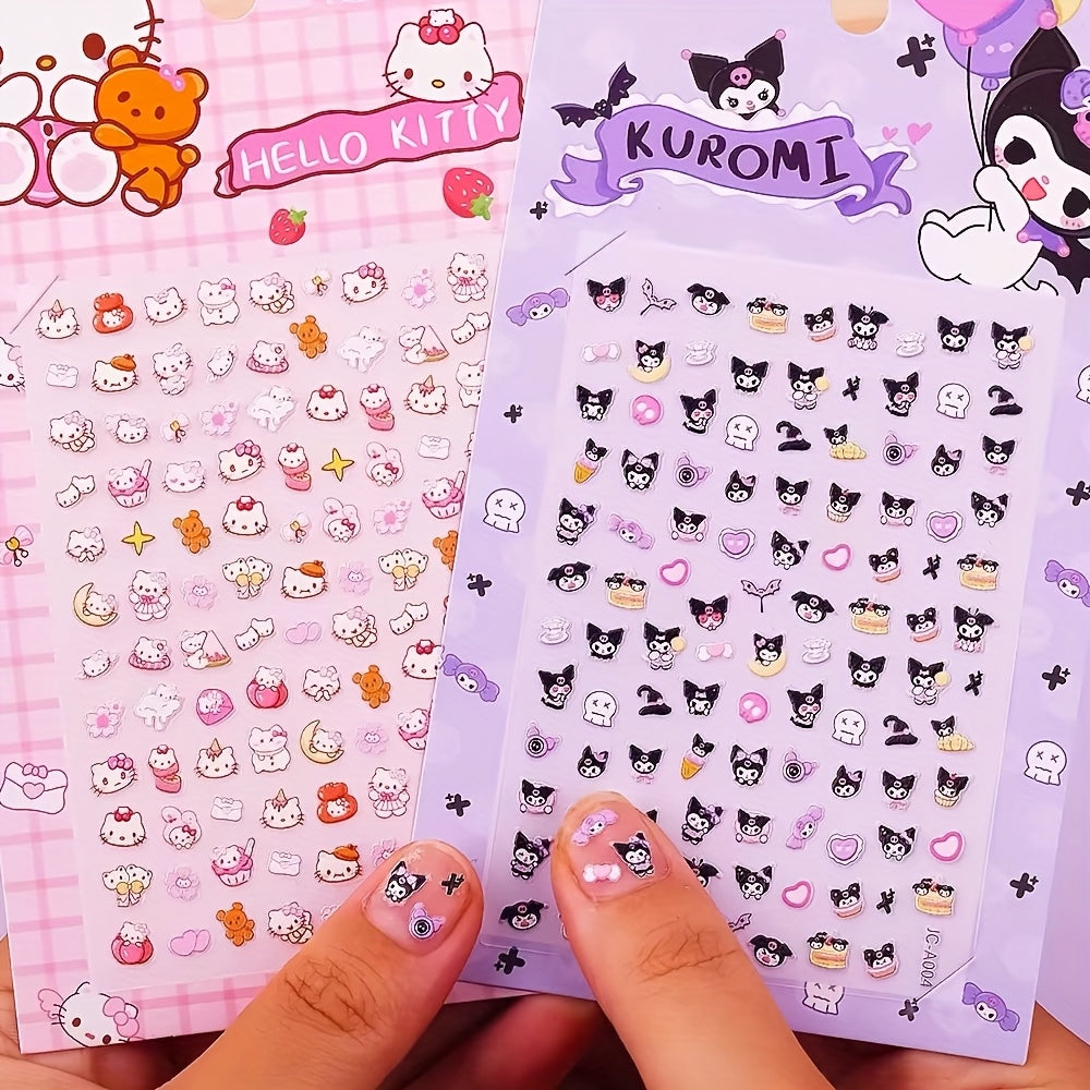 2pcs Sanrio Nail Art Stickers 5D Embossed Kuromi Cinnamoroll & HelloKitty Designs Nail Decals Kawaii Cartoon Self-Adhesive Decals for DIY Manicures Decoration