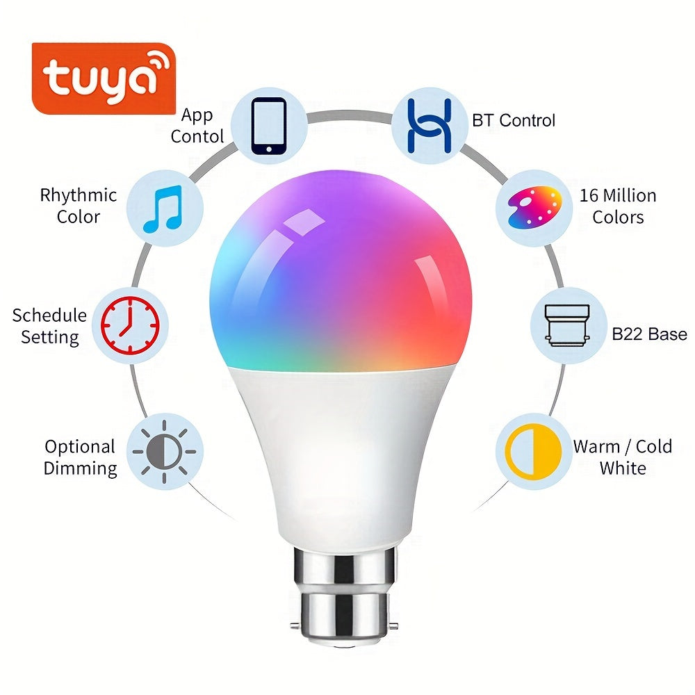 1PCS B22 LED WiFi Smart Light Bulb, RGB Smart Bulbs, 10W B22 Tuya APP Bulbs, Dimmable 16 Million Colours Changing Light Bulbs BT Control, 10W B22 Smart Tuya Bulbs Seting Timers, Scene And Music Sync, Voice Control Compatible