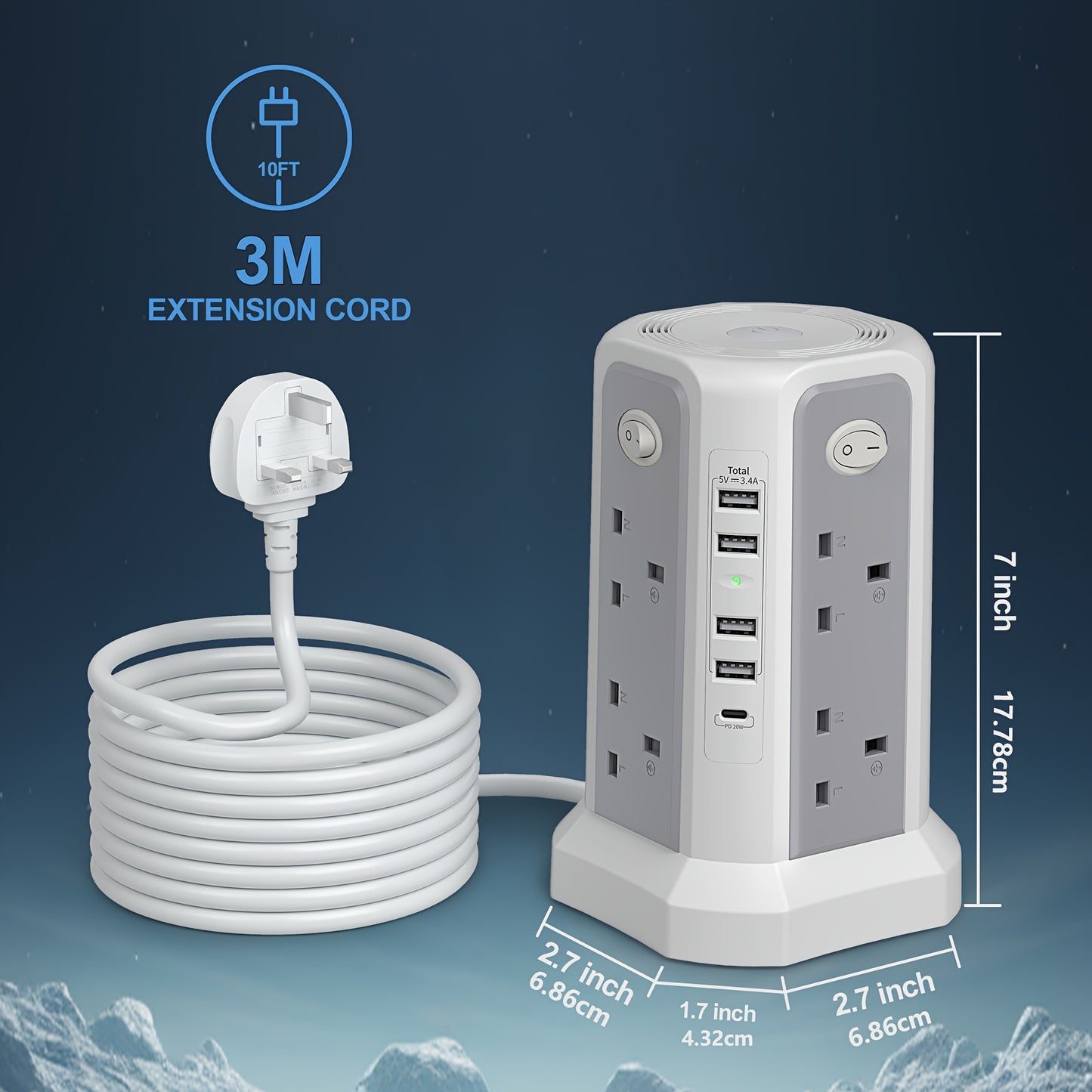 2-Story Tower Power Supply with 8 AC Sockets, 4 USB Ports, 1 USB-C PD20W Fast Charging, Individual Switch, Adjustable Night Light, Surge Protection, And for Home, Office, Studio, And Workshop Use