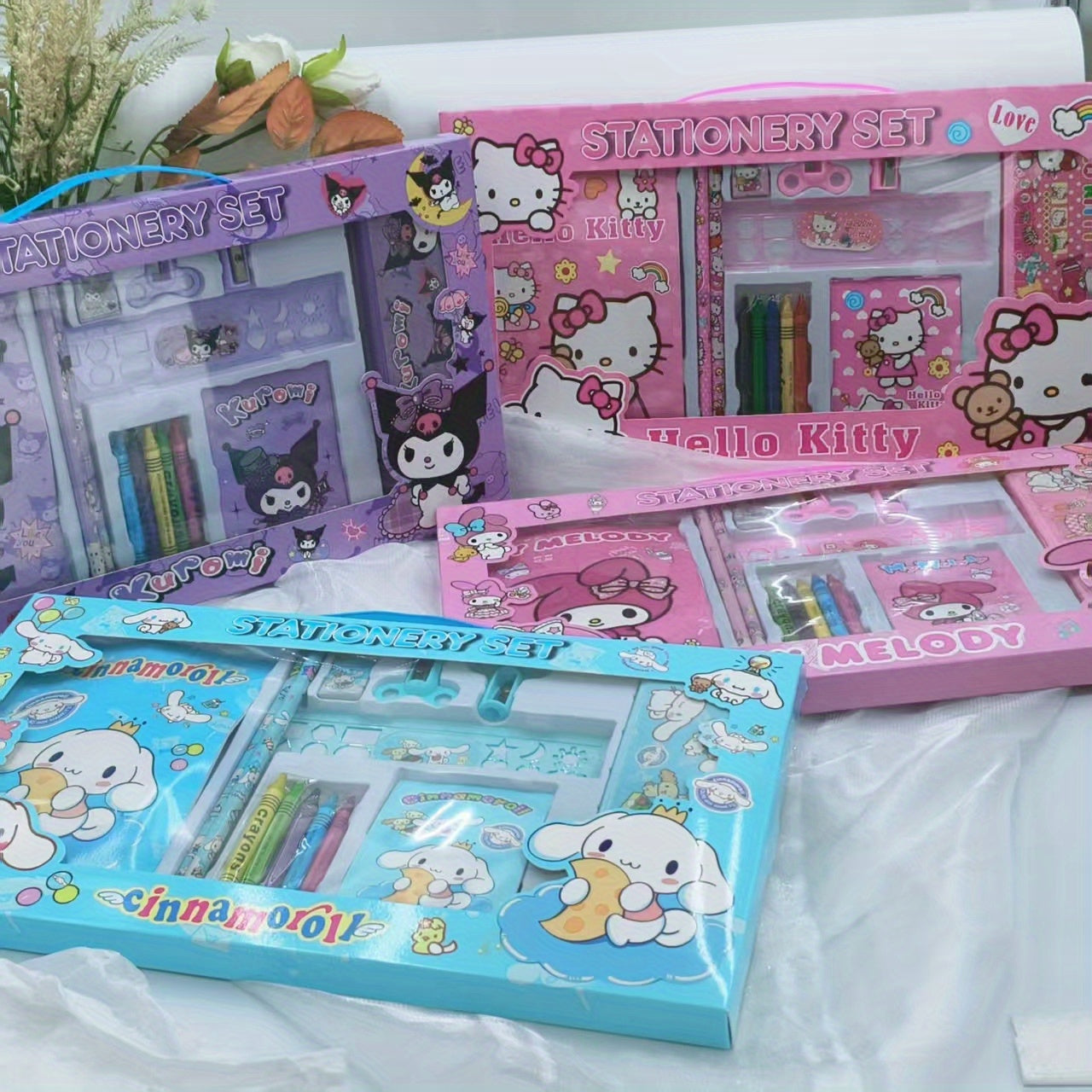 Back to School Season Sanrio Series for kuromi, Melody, for Cinnamoroll, for Hello Kitty Set (1 Pencil Case, 1 Drawing Book, 2 Sharpeners, 2 Pencils, 1 Notebook, 5 Crayons, 1 Eraser, 1 Ruler 15CM) - Creative Drawing And Offic