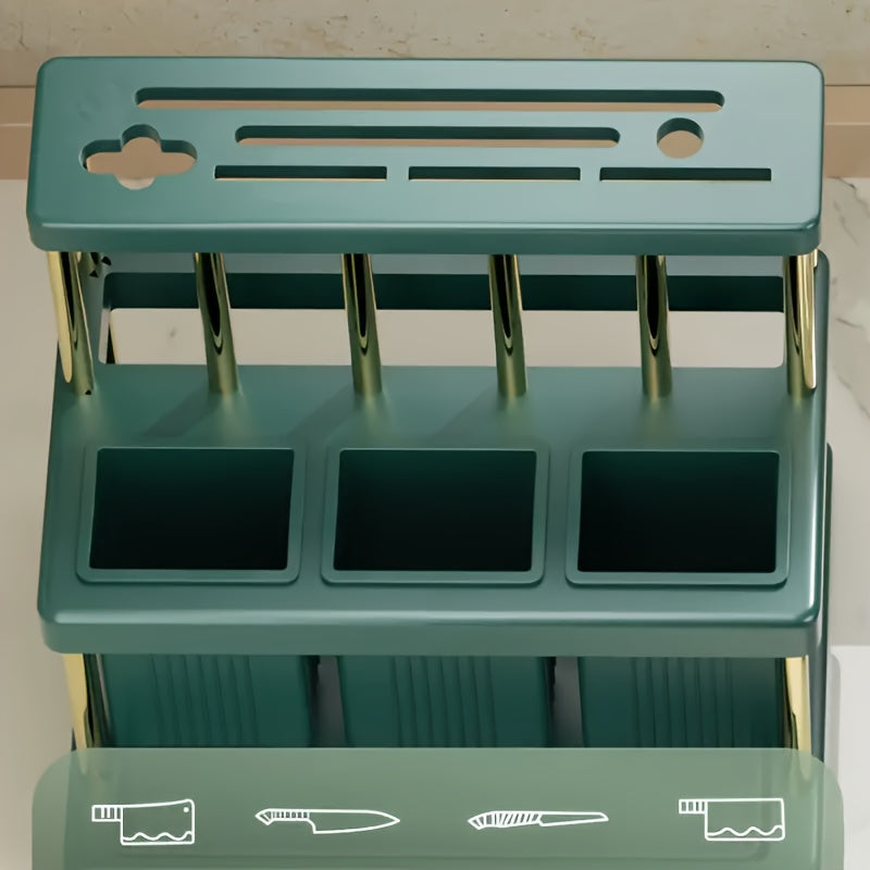 1pc Multi-Functional Kitchen Utensil Organizer - Space-Saving Plastic Storage Rack for Knives, Forks, Spoons, and Chopsticks with Green and White Compartments, Ideal for Countertop Organization, Cooking Utensils