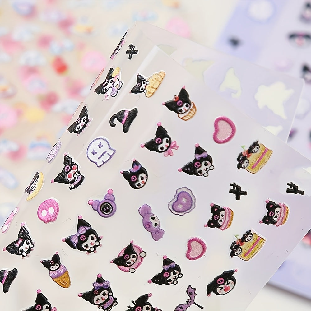 2pcs Sanrio Nail Art Stickers 5D Embossed Kuromi Cinnamoroll & HelloKitty Designs Nail Decals Kawaii Cartoon Self-Adhesive Decals for DIY Manicures Decoration