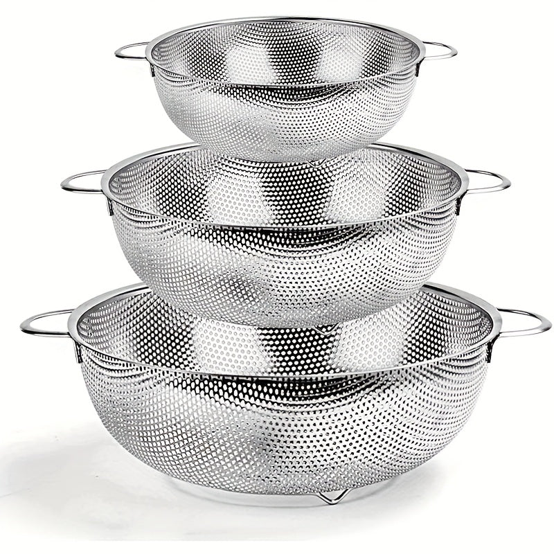 3pcs Stainless Steel Strainer Set with Handles, Large Mesh Colanders for Kitchen, Fine Strainers for Spaghetti, Vegetables, and Food Drainage, Durable Uncharged Mesh Strainers