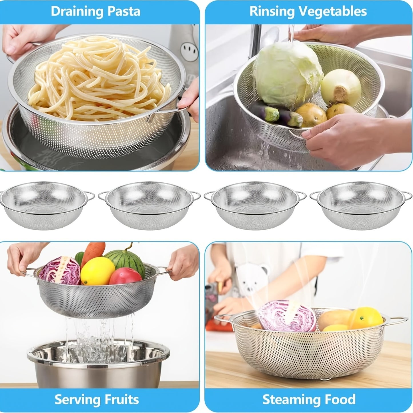 3pcs Stainless Steel Strainer Set with Handles, Large Mesh Colanders for Kitchen, Fine Strainers for Spaghetti, Vegetables, and Food Drainage, Durable Uncharged Mesh Strainers