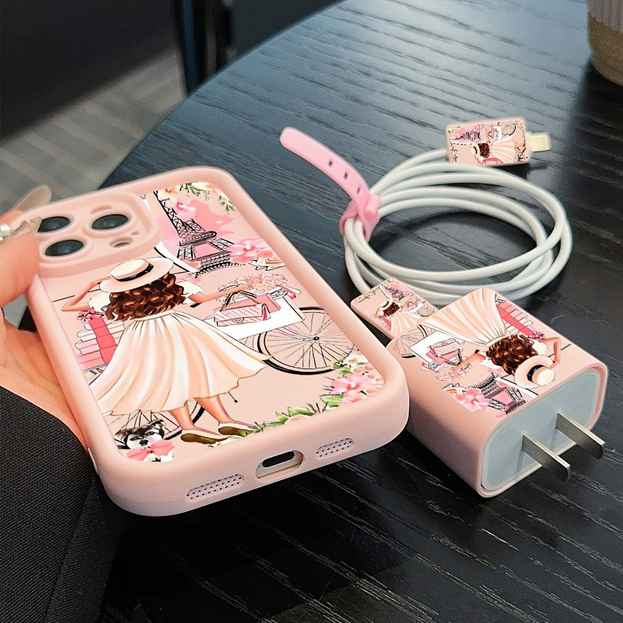 5pcs Set: 1 High Bamboo Pink Girl Anti-Drop Phone Case + 1 Charger Protective Cover + 2 Data Cable Protectors + 1 Data Cable Strap, Suitable for iPhone 16/16pro/16promax/16plus/11/11pro/11promax/12/12pro/12promax/13/13pro/13p