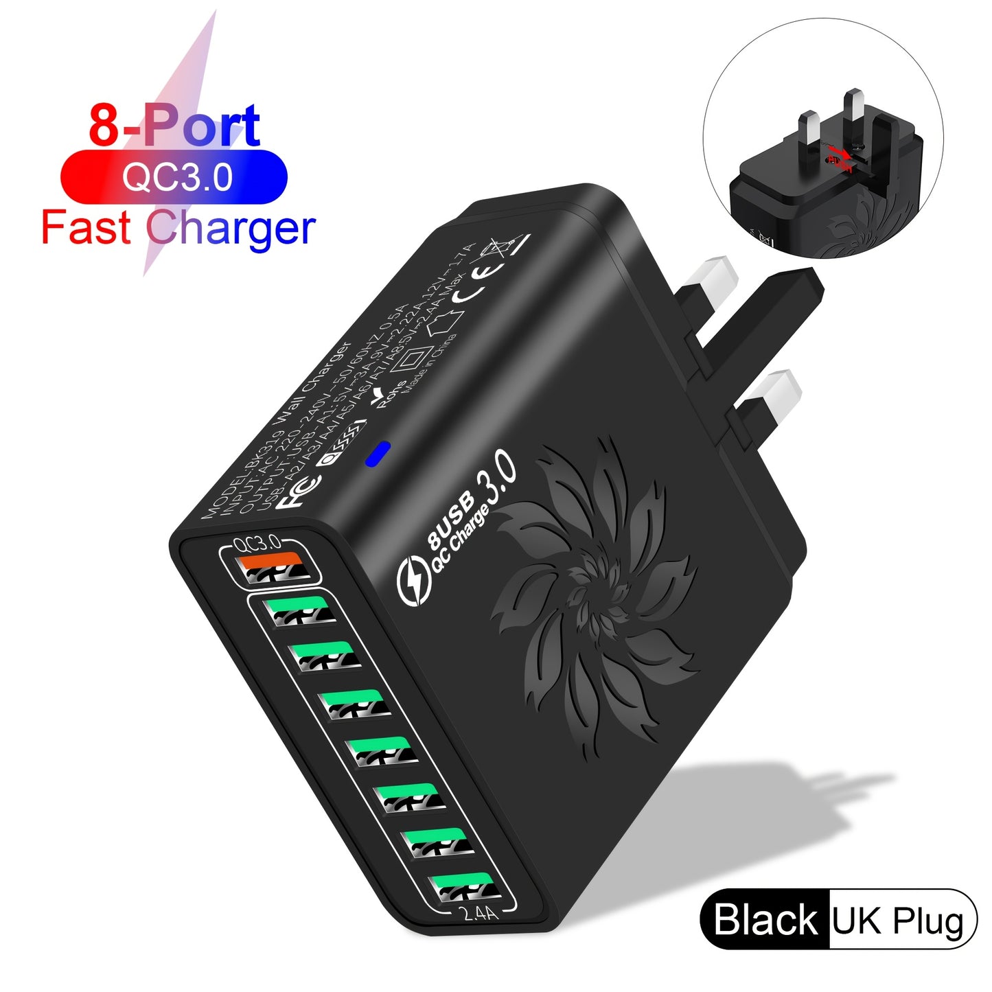 8-Port QC3.0 Fast USB Charger UK Plug